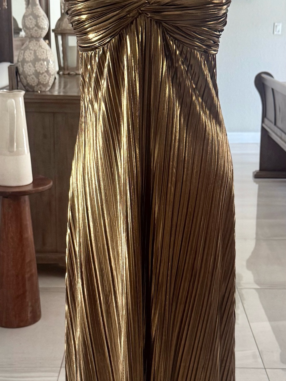 Metallic Gold Pleated Evening Dress